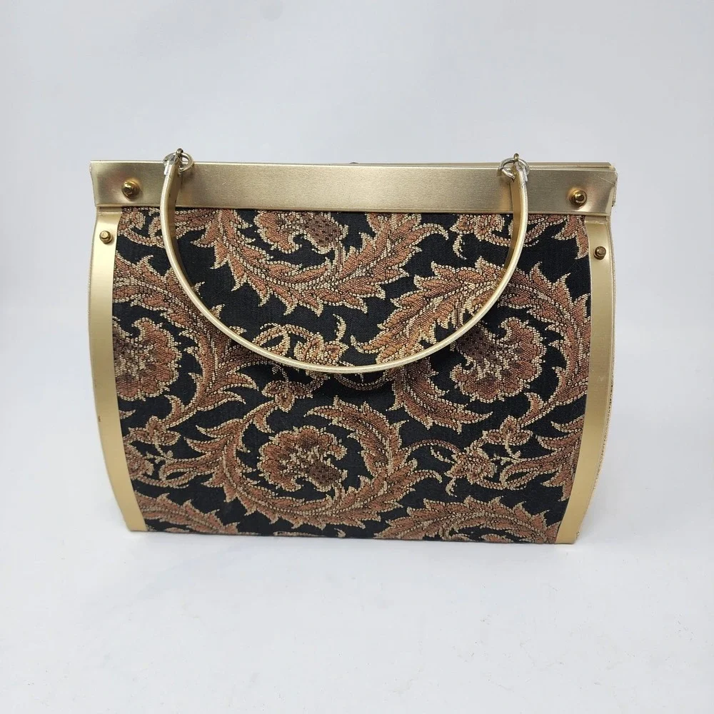 VTG 1950s Natalizio Of Miami Handbag‎ Gold Metal Brown Black Paisley Damask MCM